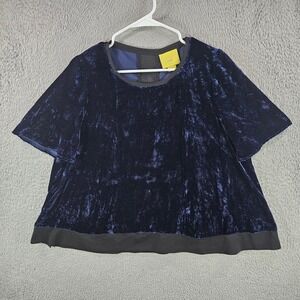 Maeve Anthropologie Navy Blue Crushed Velvet Mixed Media Blouse Top Womens Sz M